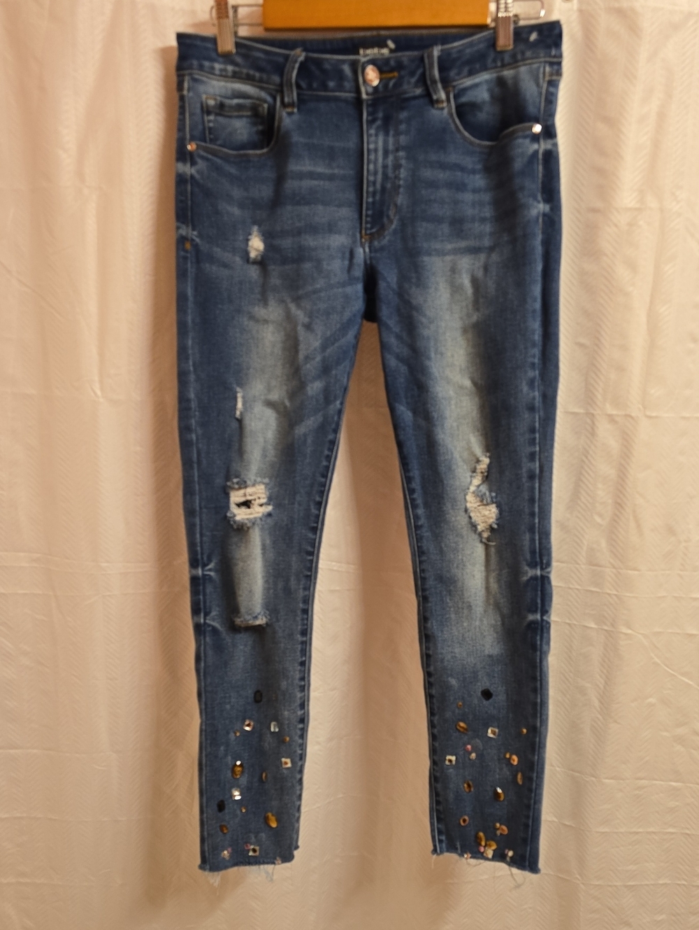 bebe Jeans Women's Size 12 Blue Heartbreaker Skinny Jewel Accents Rips
